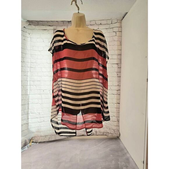 Torrid Womens Size 3 (22-24) Pink/White/Black Striped Sheer Open Back Hi-Low Blo - Picture 1 of 7